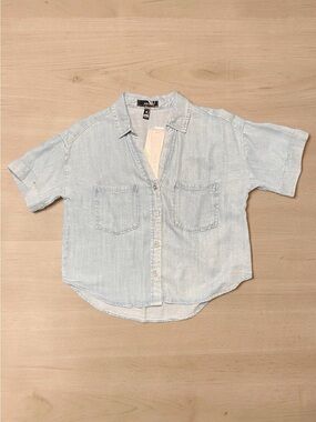NWT Aqua Light Blue Chambray Tencel Y-Neck Button-Front Pocket Shirt Sz XXS